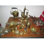 Assorted brassware, kettle, scales,bellows, mortice and pestle, copper pans etc.