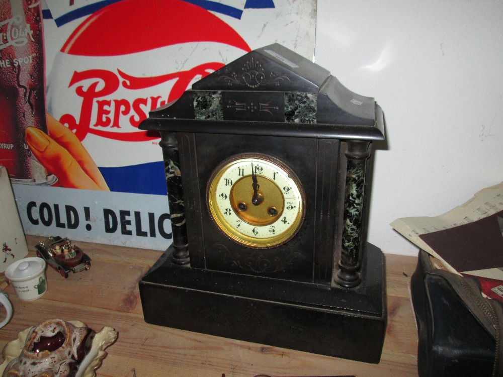 Victorian slate mantle clock with painted enamel face