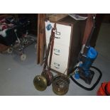 Copper warming pans, brass ware, flat irons etc.