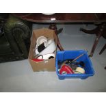 Box of assorted enamel ware, flat irons, clippers etc. etc.
