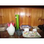 Decorative glassware : pair of stem vases, dressing table pin dish, crimped glass vase,