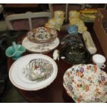 Decorative china : pair of Masons Ironstone plates, Staffordshire dogs, studio pottery etc.