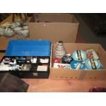 Box of tins and box of haberdashery