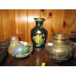 Chinese cloisonne vase & rabbit ornament & vintage brass Kashmiri vase