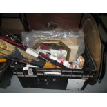 Box of oddments, teddy bears, brass Benares tray etc.