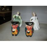 2 x Royal Doulton figurines Amanda & Fair Maiden & 2 toby jugs