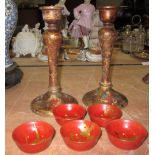 Pair of 19th century Chinese lacquered and painted wooden candlesticks & 20th century Japanese