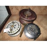 3 x Vintage fishing reels : brass and wood, aluminium,