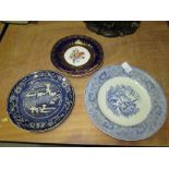 Pretty 19th century hand decorated and gilded plate & 2 x blue and white plates