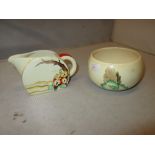 Clarice Cliff sugar bowl & Bizarre Bonjour shape Orange Hydrangea ? milk jug 7 cms x 10 cms (chip