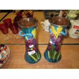 Pair of Torquay ware Iris pattern vases 24 cms