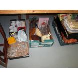 4 x boxes of kitchen ware, china glass oddments, wicker baskets, scales etc.