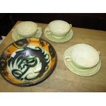 3 x Clarice Cliff two handled bowls and saucers & studio pottery bowl possible Caiger Smith