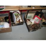 4 x boxes of china glass oddments, collectors doll, pictures, prints,