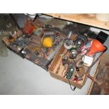 3 x boxes of tools, mitre saw, vintage roller skates,