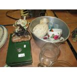 Decorative china glassware, cash box, preserve pan, Portmeirion dog ornaments etc.