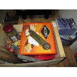 Box of tools, nails, spring balance etc.