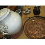 Large pottery lamp base, wicker wreath,