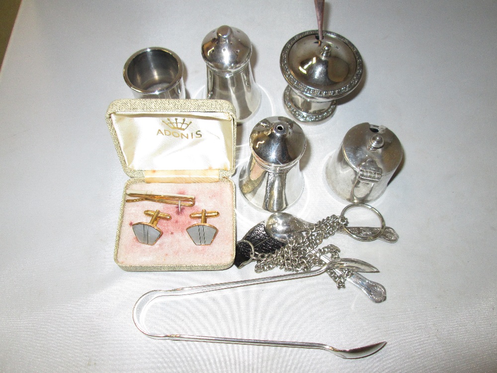 Silver plated ware : cruet, cufflinks, tongs, chain etc.