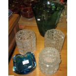 Whitefriars green bubble glass vase, blue glass dish,