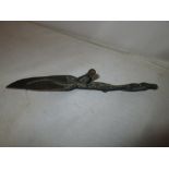 Early 20th century Oriental bronzed metal letter opener modelled as lizard on leaf