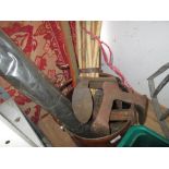 Copper coal bucket, shoe lasts, sweeps brushes, brass skimmers etc.