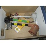 Box of oddments including African beadwork pipes, antler handle brush etc.