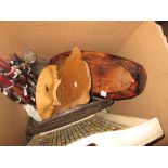 Box of African tourist masks, trays, military interest photograph, decorative china etc. etc.