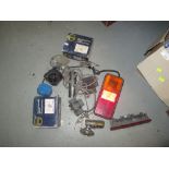 Box of car related items : rear safety lamps (boxed), switches, lamps etc.