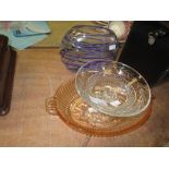 Studio glass vase and cut glass dish & other glassware & keyboard