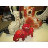 2 x Staffordshire pottery dogs,