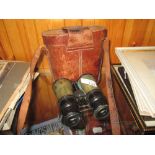 Vintage field binoculars in leather case inscribed : CSW 5th Buffs (East Devon Regiment)