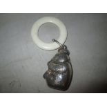 Vintage silver plated baby rattle modelled as a Teddy Bear