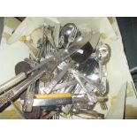 Box of assorted cutlery & plated ware