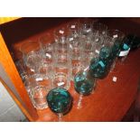 Set of six coloured wine glasses and other glassware