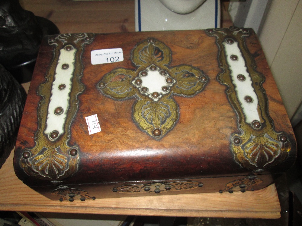 Victorian walnut and brass bound jewellery box with silk lining