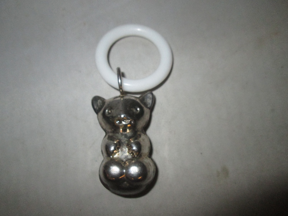 Vintage silver plated baby rattle modelled as a Teddy Bear