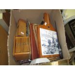5 x Boxes of books, bags, brass, glass,