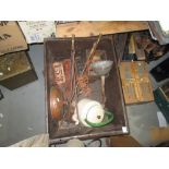 Box of copper and brass ware, enamel etc.