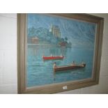 20th century Mary Beresford Williams oil on canvas Lake Boating scene