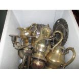 Assorted silver plated ware, tea set, tray, candlestick etc.