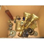 Box of brassware : 19th century candlesticks, chamber stick etc.