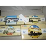 4 x Corgi die cast toy vehicles : Bedford OB 98163, Yellow Coach 98460, Daimler CVD6 97825,