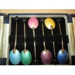 Set of six silver gilt and enamel coffee bean spoons (some losses) in box Birm.