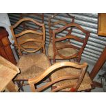 Set of five late 18th / early 19th century rush seated and elm dining chairs