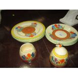 Clarice Cliff Crocus pattern side plates & 2 x beehive honey pots (1 lid missing)