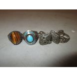 5 x silver rings : turquoise,