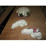Wemyss type Plichta squat vase & 2 similar dog ornaments