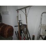 Large assortment of garden tools, dustbin, cat baskets etc.