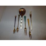 Danish enamelled & gilded silver pickle forks and enamelled gilded silver spoon by J Tostrup of